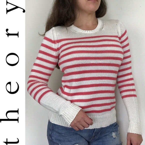 Theory Sweaters - ❤️ Theory Cream Coral Striped Crew Neck Sweater S